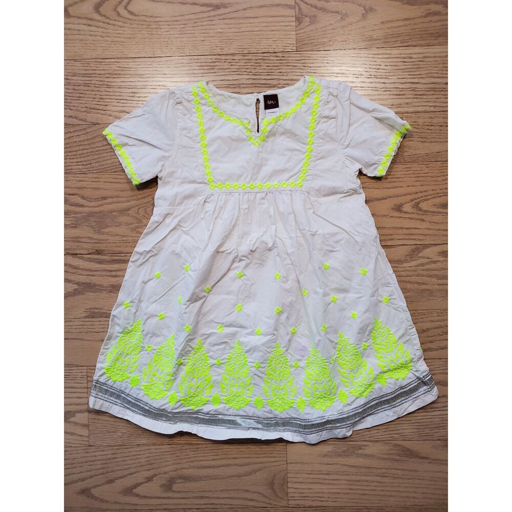 Tea Collection 5T Dress Neon Yellow and Cream 100% Cotton Boho Embroidered GUC